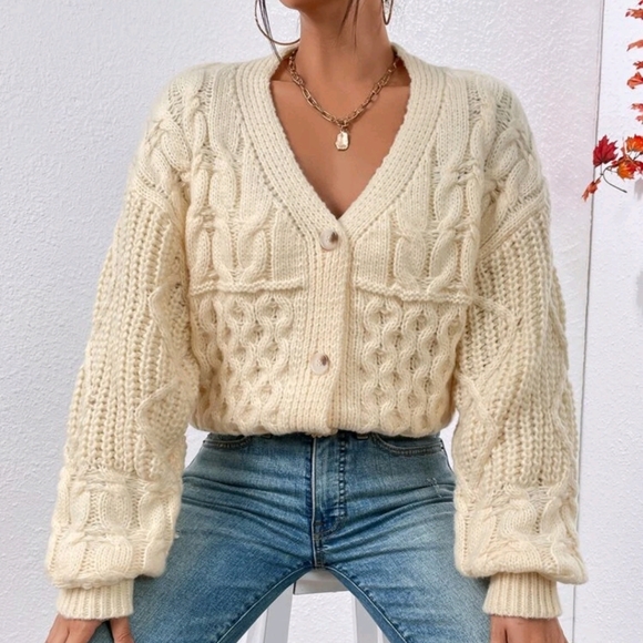 Sweaters - Chunky Knit Drop Shoulder Cardigan